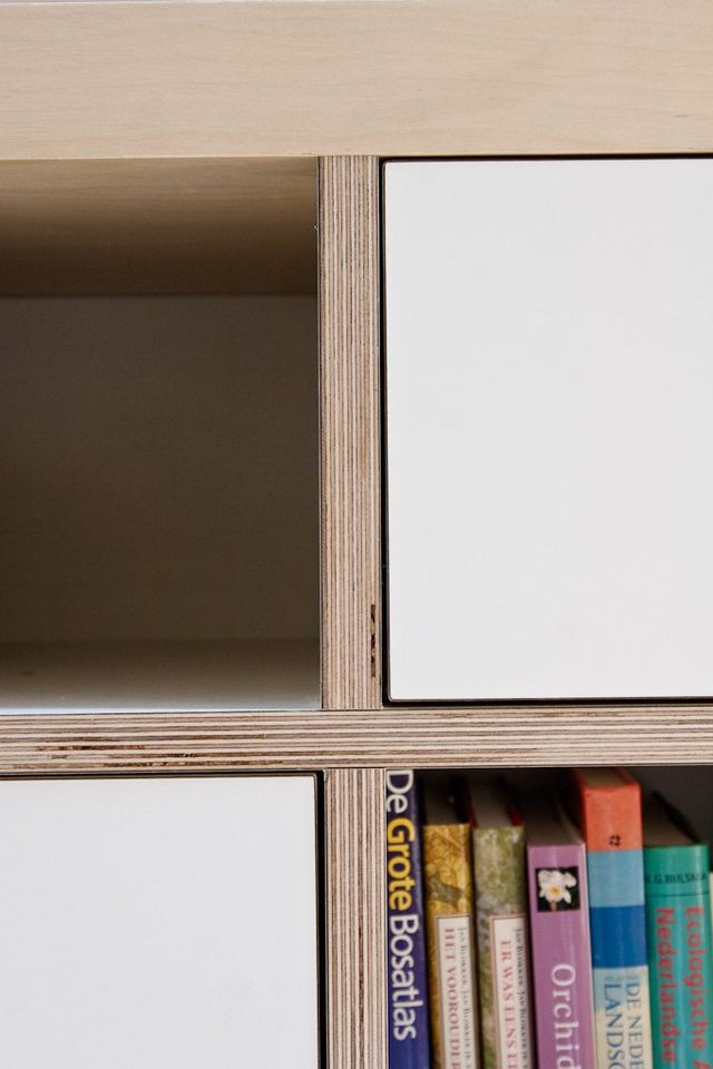 Detail van de witte kastdeuren met een plexwood kader.