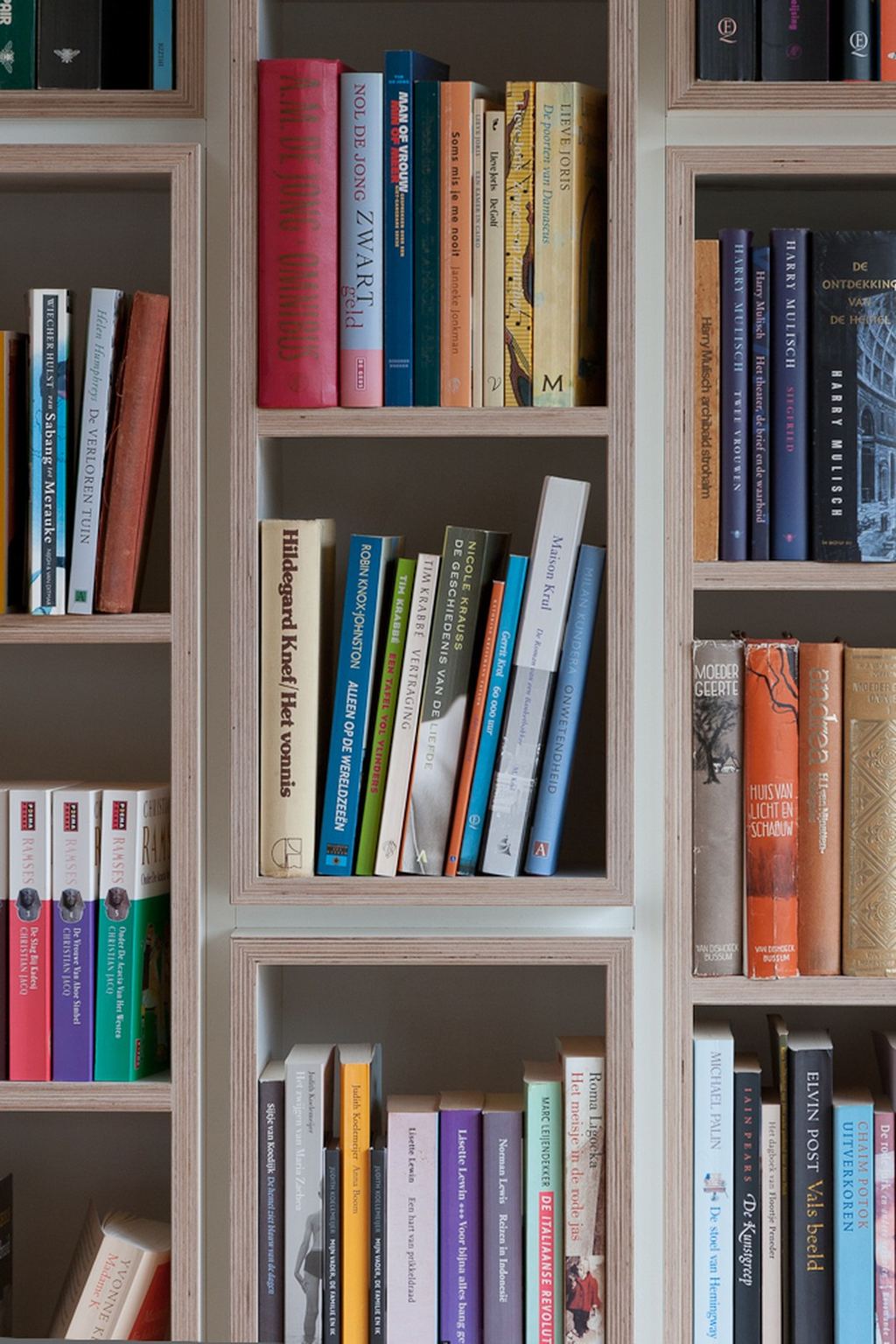 Detail van de vakkenkast met een raster vol boeken.