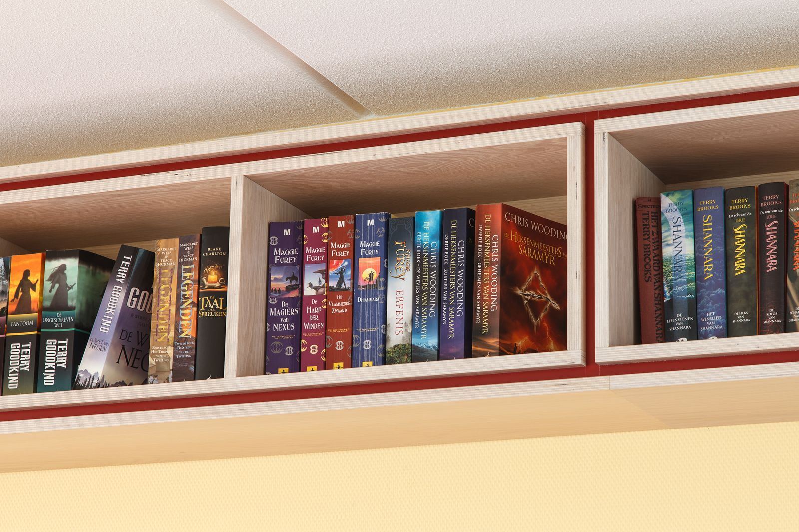 Detail van de wandkast met rood gelakte vakken vol boeken.