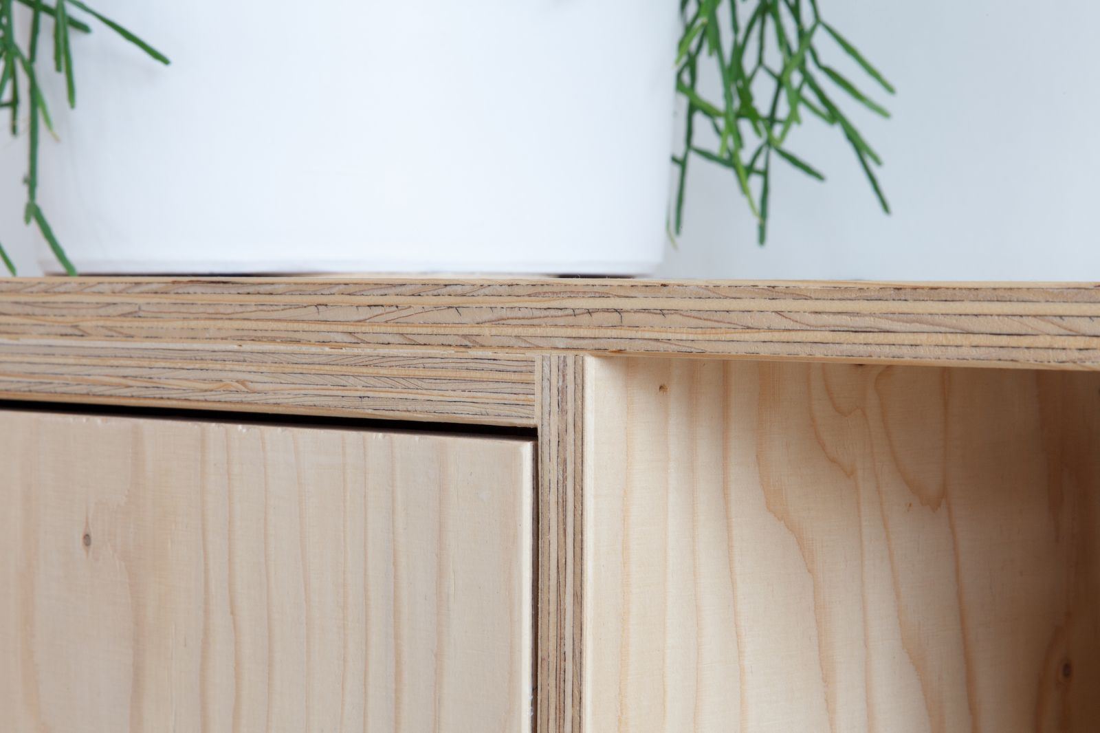 Detail van de hoek van een houten kastje, met een plant erboven.