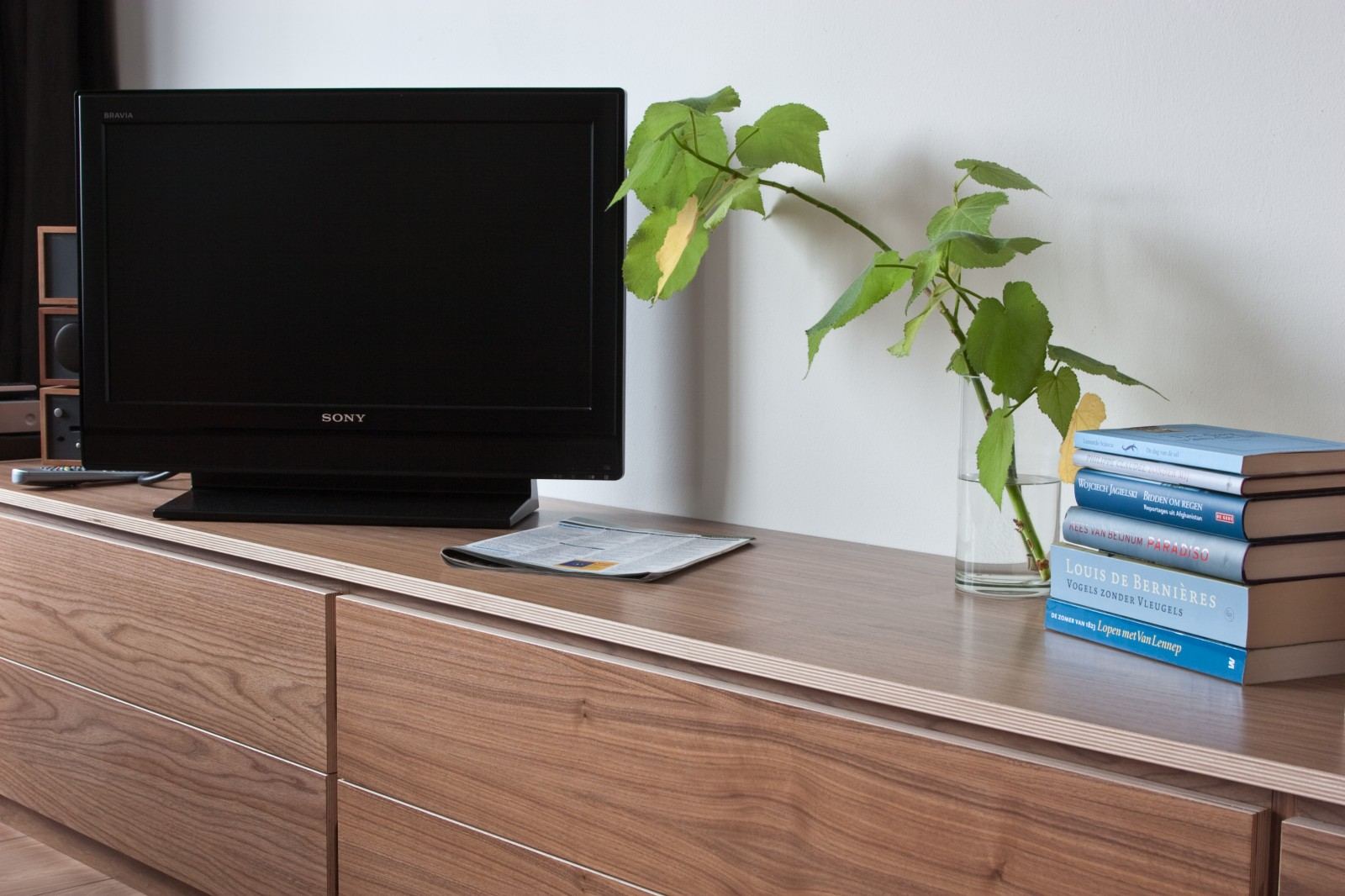 Lage kast met een televisie erop, naast een vaas met takken en een stapel boeken.