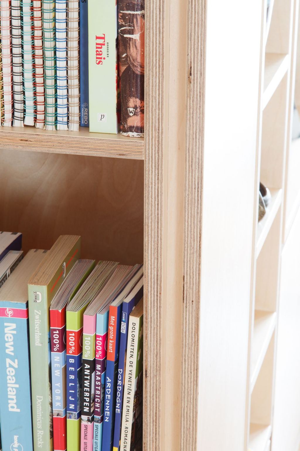 Boekenplank vol reisgidsen, met de houten plaatrand op de voorgrond.