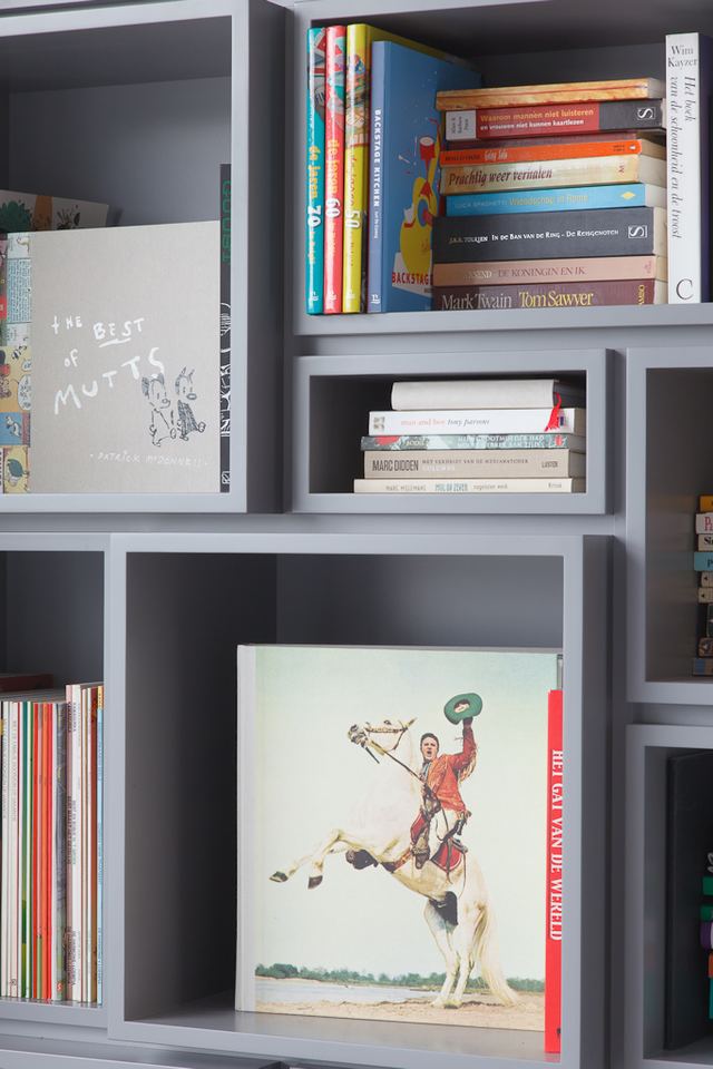 Detail van de boekenkast met vakken in verschillende dieptes.