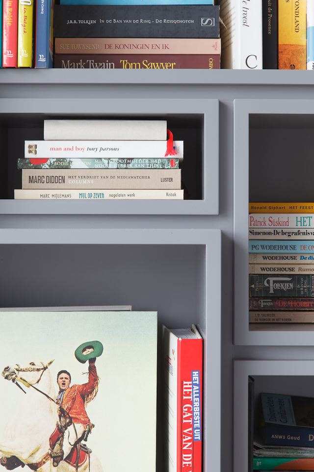 Close-up van grijze kastvakken, gevuld met kleurrijke boeken.