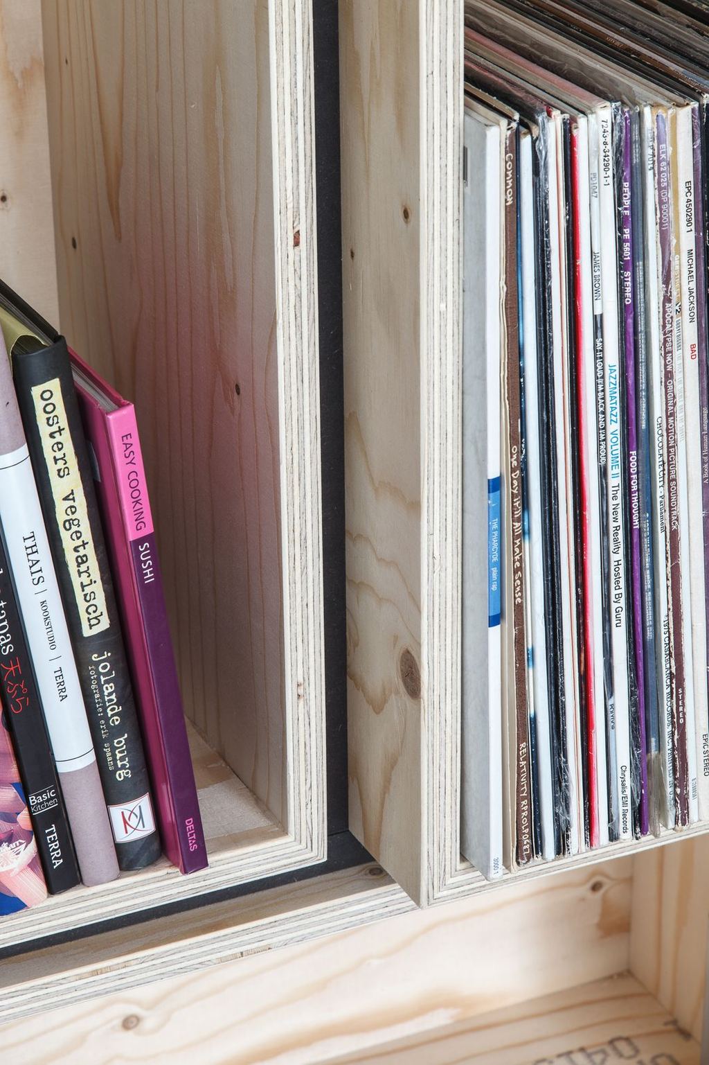 Detail van twee vakken met kookboeken en vinylplaten.