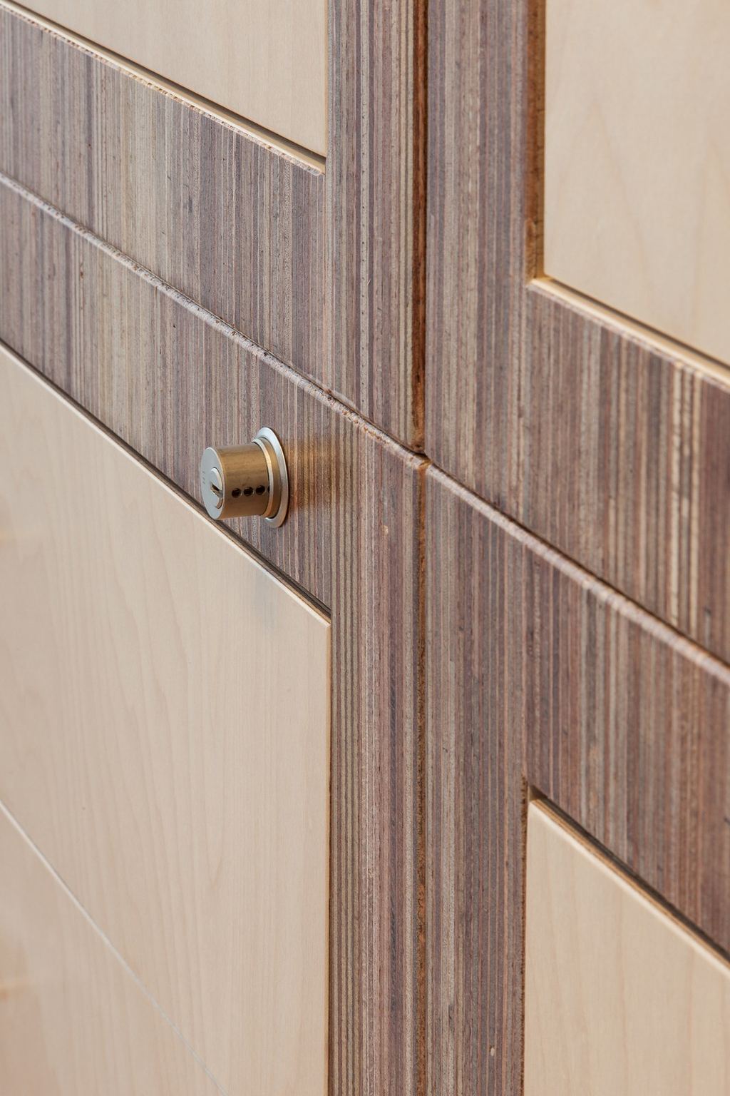 Detail van kastdeuren in berken multiplex met een omlijsting in meranti plexwood.