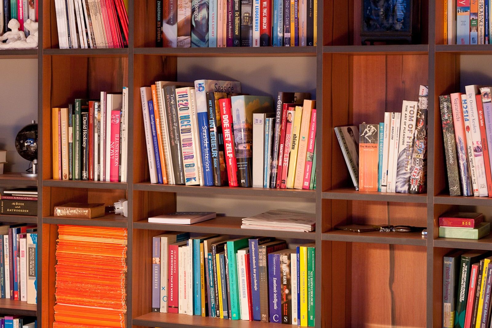 Detail van het vakkenraster in tyneo fineer, gevuld met boeken.