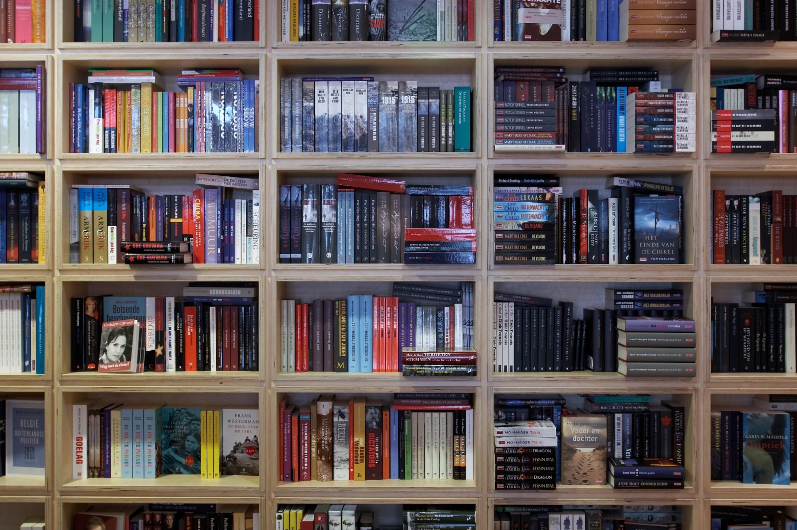 Boekenkast van berken multiplex met een strak raster van vakken, tot aan het plafond.