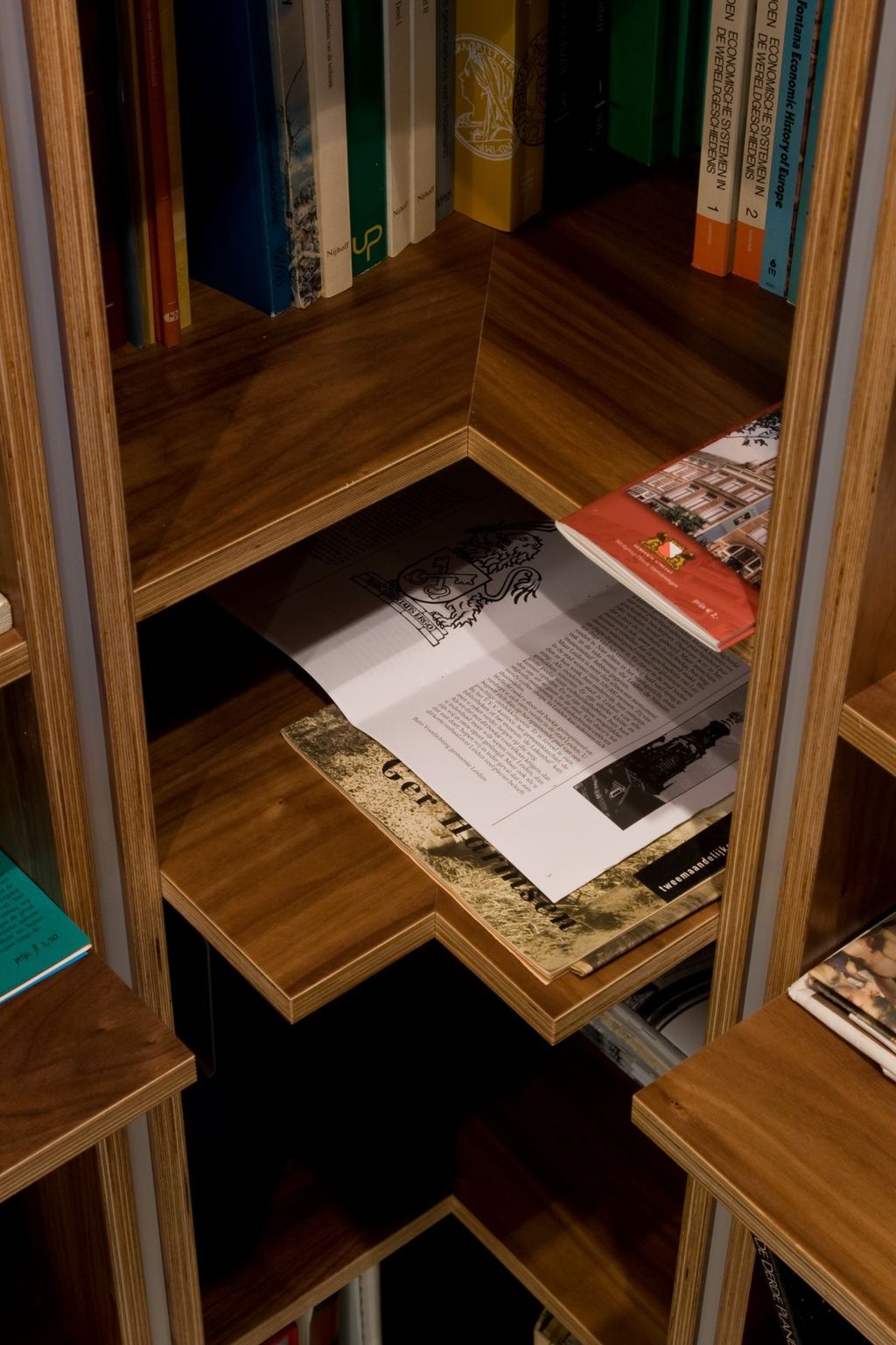 Detail van een verzonken tijdschriftenvak in de hoek van de boekenkast.